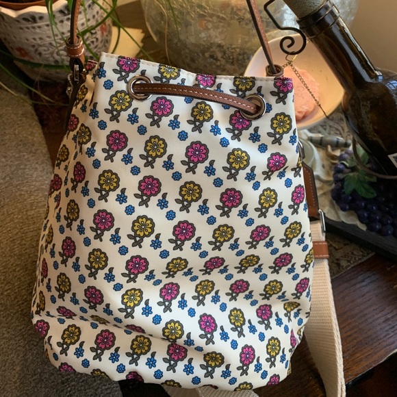 Authentic TORY BURCH leather/canvas bucket drawstring crossbody - Picture 12 of 16